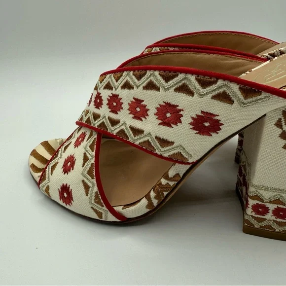 ASH Red Aztec Embroidered Padded Adel Round Toe Block Heel Slip On Heeled Sandal - Picture 15 of 16